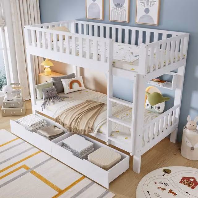 BTM White Wooden Two-Level Bunk Bed with Storage Drawers, Bedside Shelf and Stairs, W/D/H: 152 x 90 x 120 cm