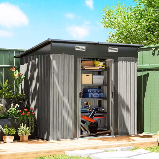 Outsunny Light Grey Wood Effect Outdoor Garden Storage Shed with Pent Roof and Sliding Doors