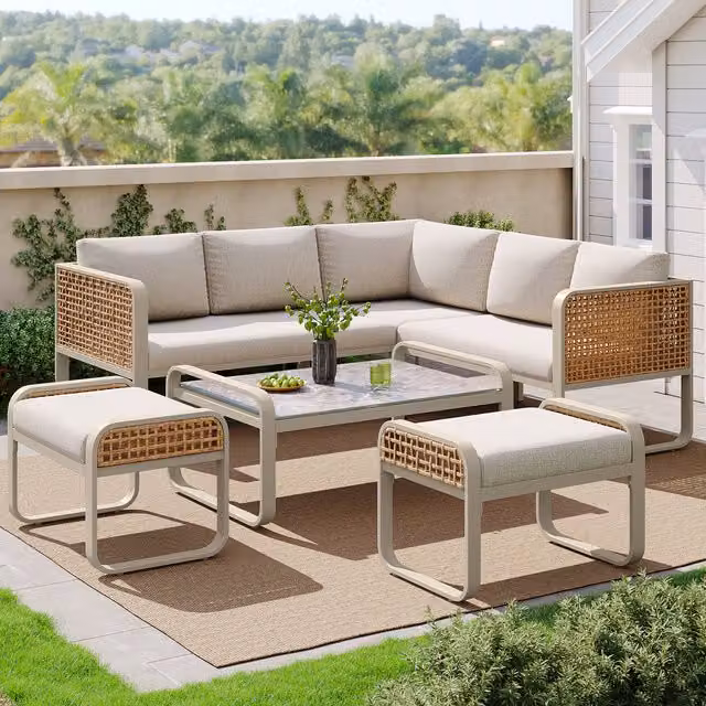 Modern Home Interior 7 Seater Rattan Outdoor Furniture Set with Stools and Coffee Table in Beige