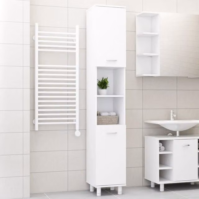 Berkfield Home White Modern Bathroom Cabinet with Hinged Doors, W/D/H: 30 x 30 x 179 cm
