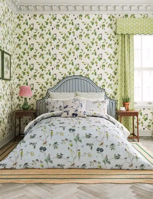 Sanderson Woodland Chorus Reversible Blue Cotton Percale Duvet Cover and Pillowcase Set, W: 140 cm, L: 200 cm