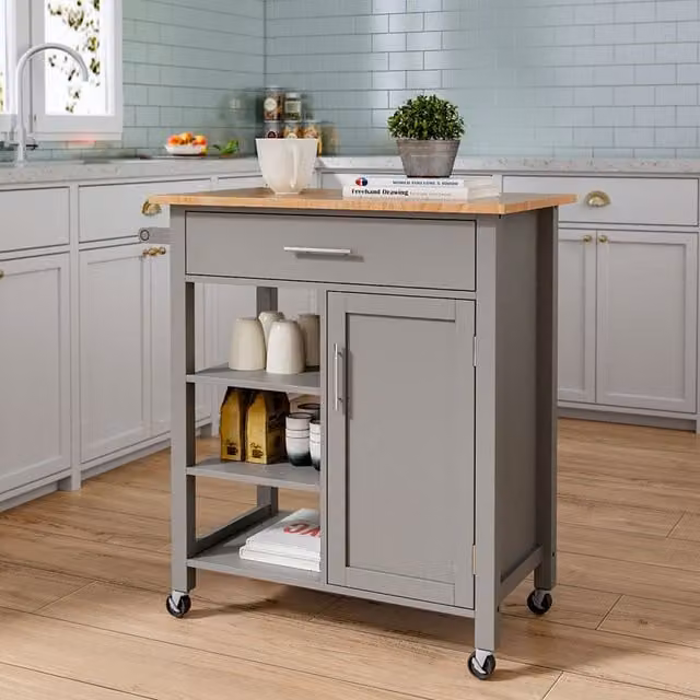 Livingandhome Modern Anthracite Kitchen Trolley with Beech Wood MDF