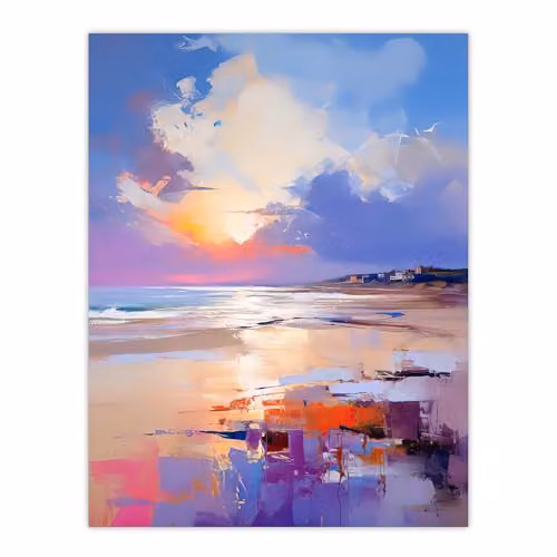 Artery8 Beach Sunrise Abstract Oil Painting Poster Print in Orange, Purple and Blue – 1