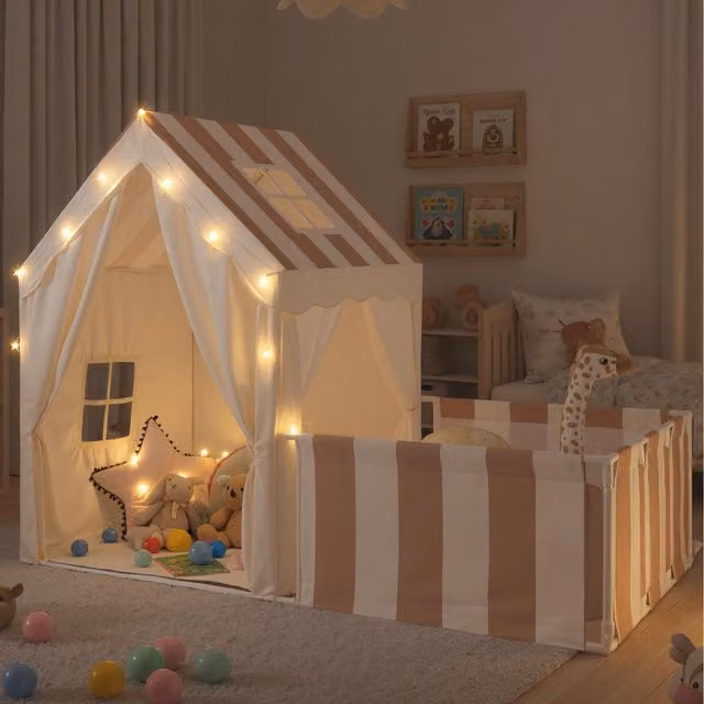 Costway 2-in-1 Toddler Playhouse and Play Tent with Yard in Beige and White
