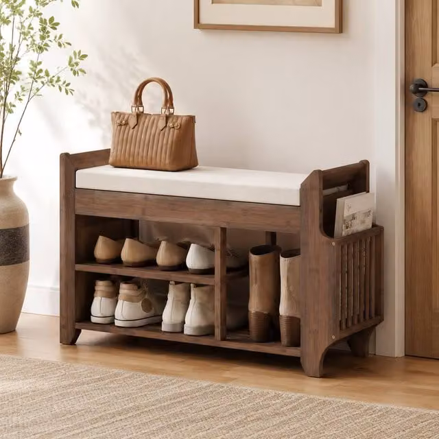 STILVORA Modern Brown Shoe Bench and Hallway Shoe Rack with 2 Tiers – 1