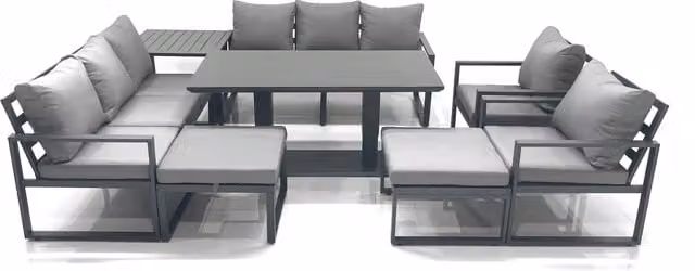 Fimous Garden Sofa Set with Height Adjustable Dining Table, 2 Chairs, 2 Footstools and Side Table in Dark Grey Powder Coated Aluminium and Glass