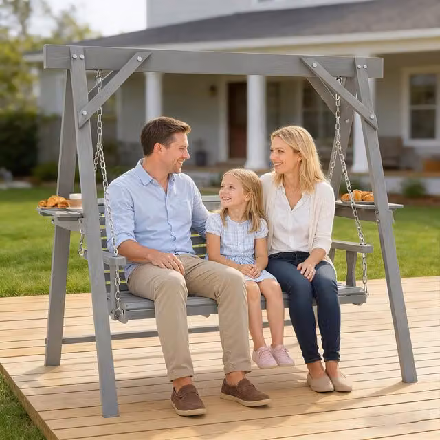 Outsunny Three Seater Wooden Garden Swing Chair with Sun Canopy and Side Tables in Dark Grey