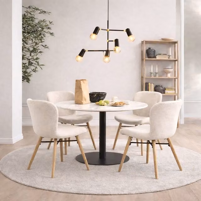 Furniture To Go Corby Round White Marble Dining Table with Black Base and 4 Batilda Cream and Oak Chairs