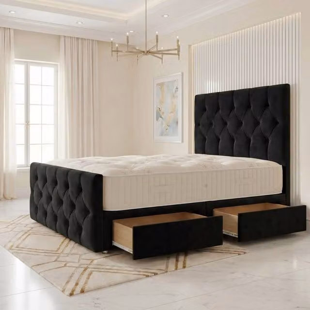 Somnior Ziggy Black Velvet Divan Bed with 2 Drawers and Spring Mattress W/D/H: 90 x 190 x 28 cm