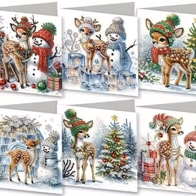 Syntego Pack of 6 Reindeer and Snowman Diamond Art Cards in Multicolour and White