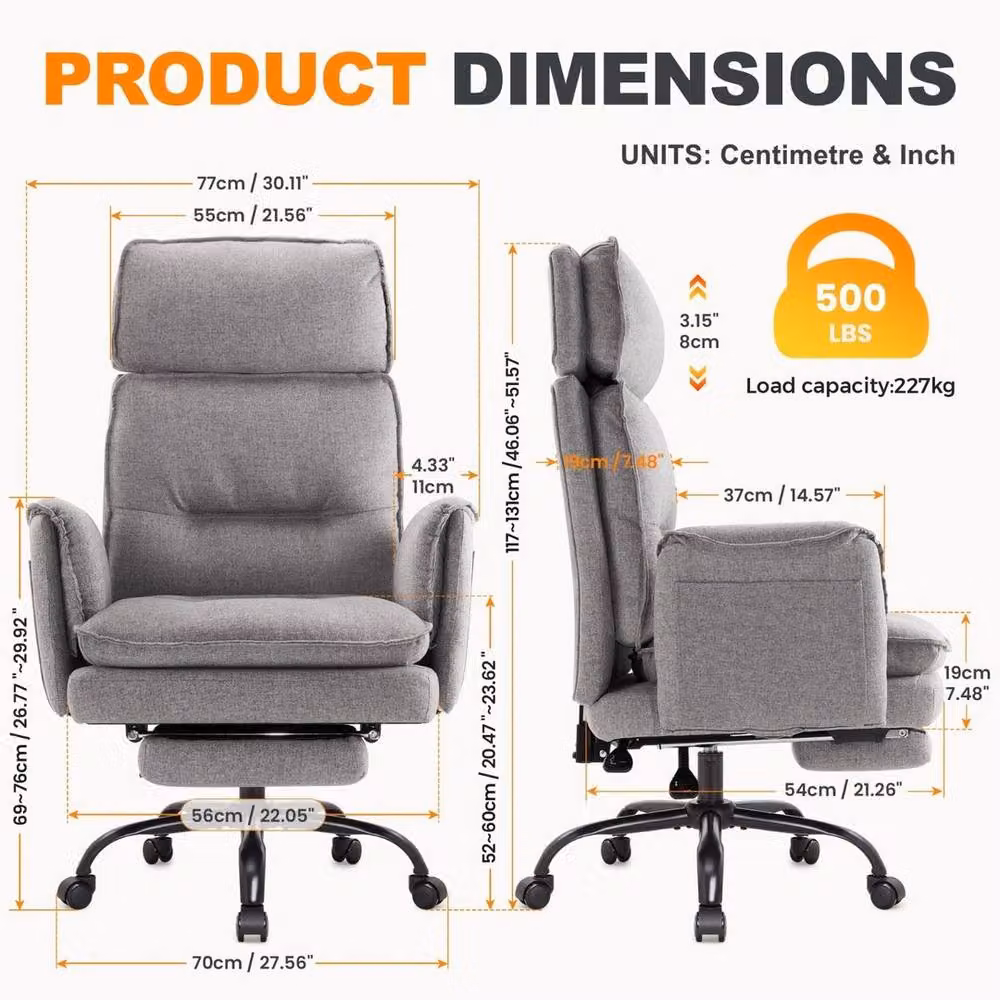 PAWNORA GERY Big & Tall Grey Fabric Executive Office Chair with Headrest and Armrests – 2