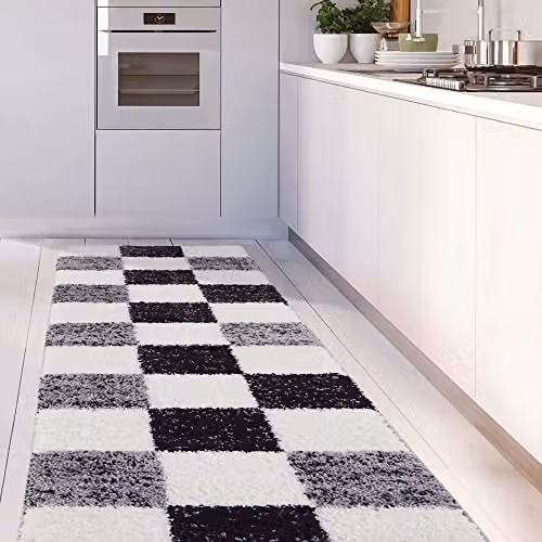 THE RUGS Modern Grey Checked High Pile Shaggy Area Rug, W/D/H: 80 x 300 x 3 cm – 3