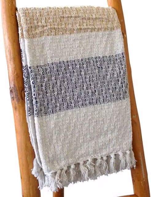 Boho Comfort Mellow Mattala Striped Cotton Throw Blanket with Fringes, Multicolour (Beige, Gold, Grey) W/D/H: 150 x 125 x 125 cm