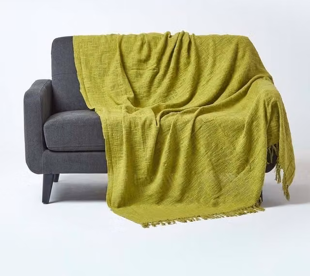 Homescapes Nirvana Woven Cotton Throw with Fringes in Green, W/D/H: 255 x 360 cm