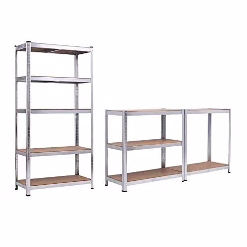 AMOS Heavy Duty 5 Tier Steel Galvanised Adjustable Shelving Unit, Silver, H 180 x W 90 x D 40 cm