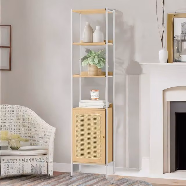 Furnold Beige Rattan-Style Narrow Bookcase with 2 Adjustable Shelves, W: 30.0 cm, H: 174.7 cm, D: 30.0 cm