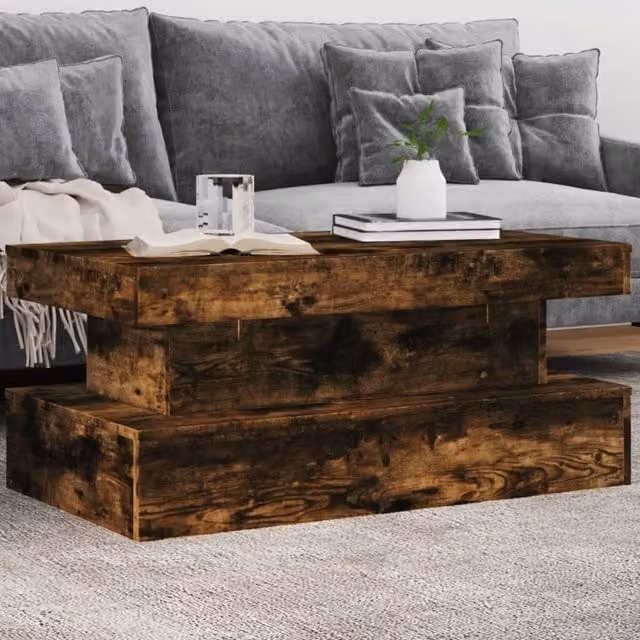 Berkfield Home Modern Rectangular Coffee Table with LED Lights in Smoked Oak Brown, W: 90 cm, D: 50 cm, H: 40 cm – 1