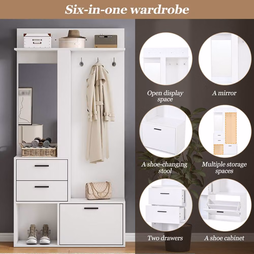Merax Modern White Hall Tree Hallway Storage Unit with Mirror, Hooks and Shoe Cabinet, H 180 x W 80 x D 30 cm – 4