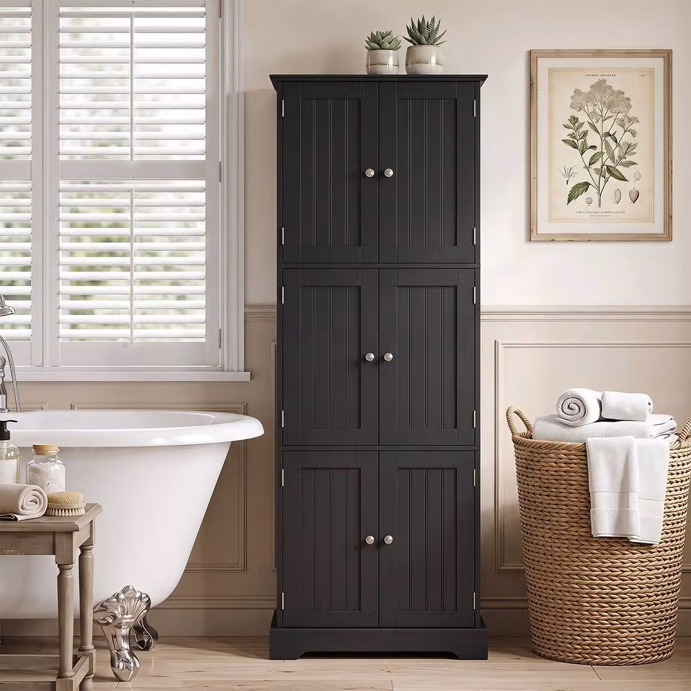 Gymax Tall Black Freestanding Bathroom Storage Cabinet with 6 Hinged Doors – 4