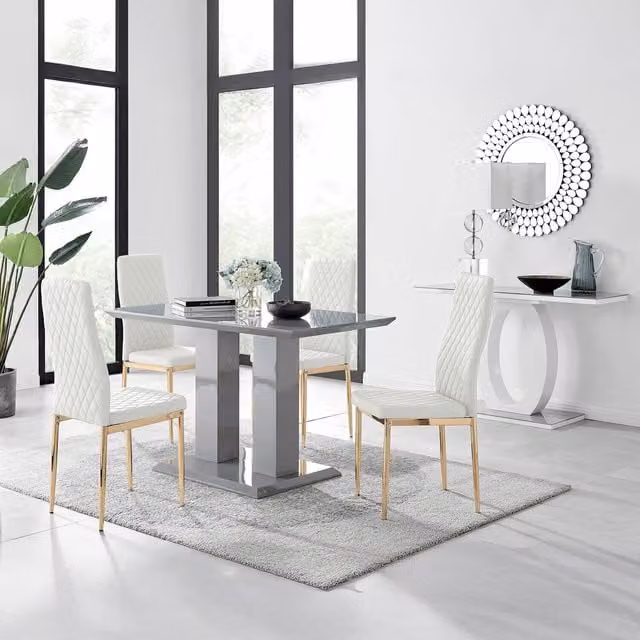FurnitureboxUK Imperia White Rectangular Dining Table with 4 Grey Milan Chairs and Gold Legs