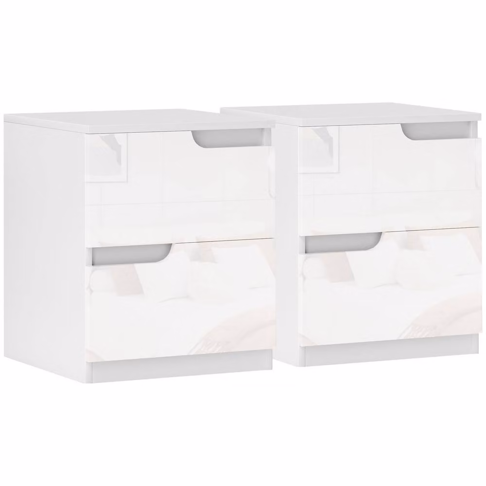 HOMCOM Set of 2 High Gloss White Bedside Cabinets with 2 Drawers – 2