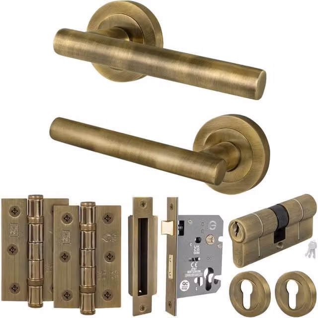 AFIT Antique Brass Euro Cylinder Door Handle Lock and Hinges Complete Set in Bronze, 150 x 150 mm – 1