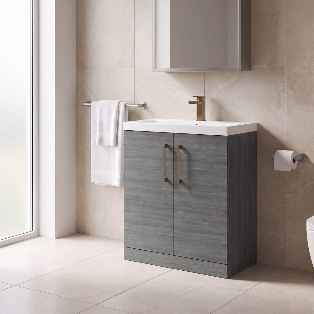Balterley 2-Door Bathroom Floor Vanity Unit with Basin in Anthracite Grey Woodgrain, W: 80 cm, H: 84 cm, D: 45 cm – 2