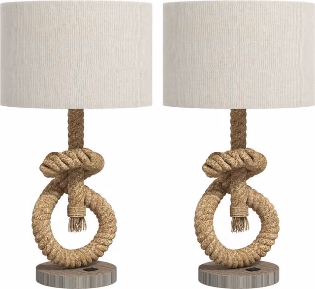 HOMCOM Set of 2 Nautical Table Lamps with USB Charging Port and Warm White LED Bulbs in Natural Beige and Brown – 1