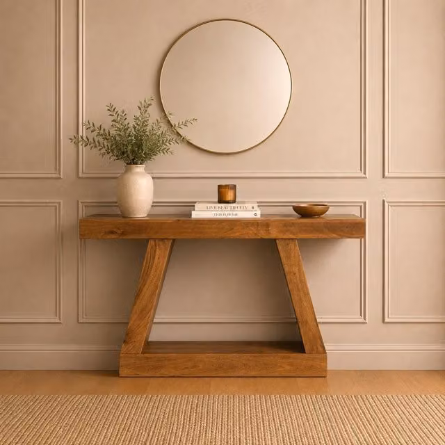 Elm Home And Garden Modern Geometric Solid Mango Wood Trestle Console Table in Brown
