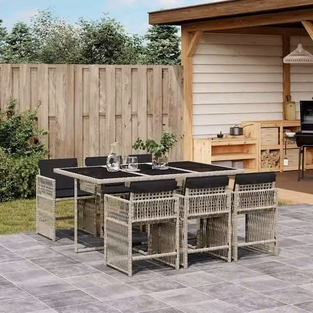 Berkfield Home 7 Piece Grey Poly Rattan Garden Dining Set with Cushions and Glass Top
