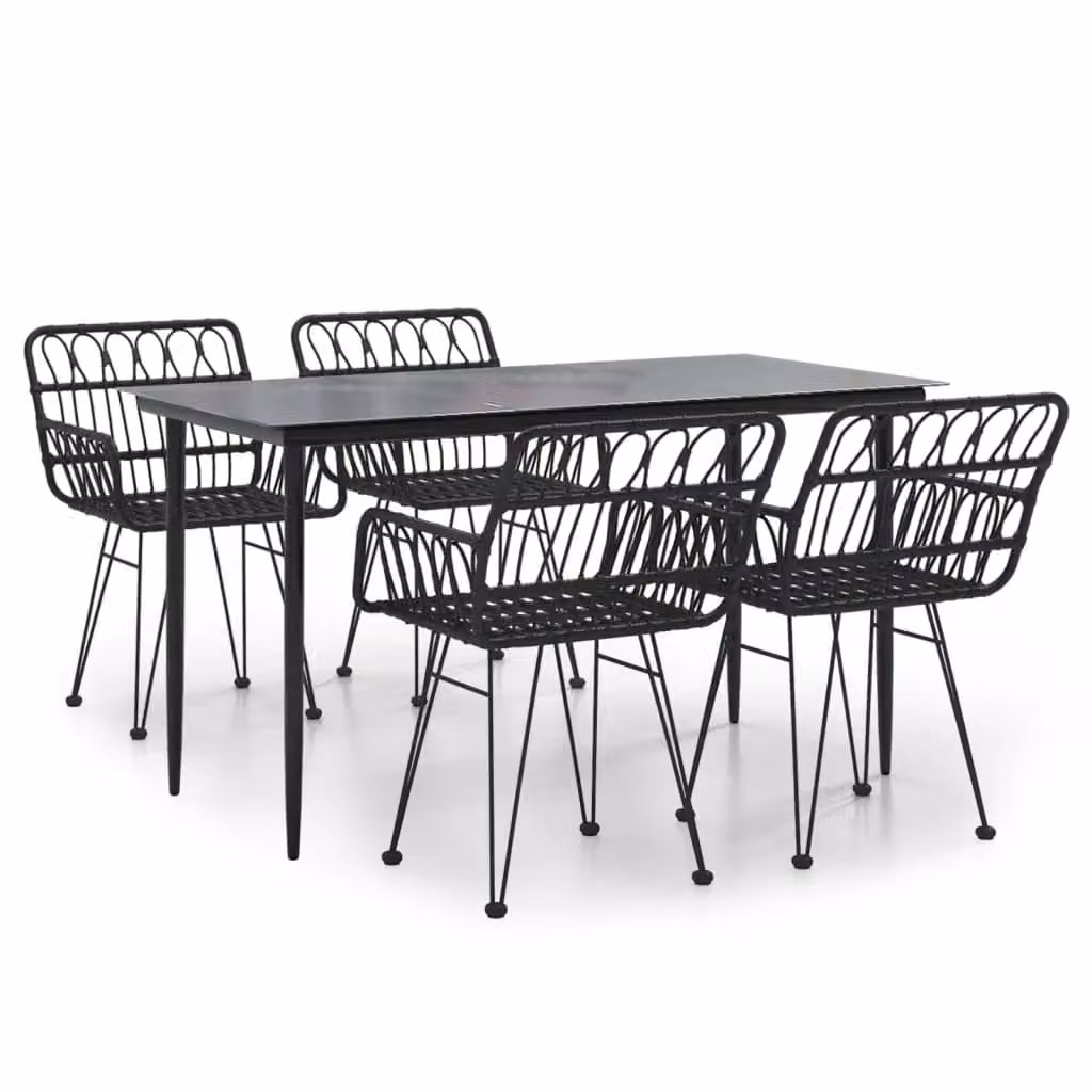 Berkfield Home 5 Piece Black Poly Rattan Garden Dining Set with Glass Top Table – 2