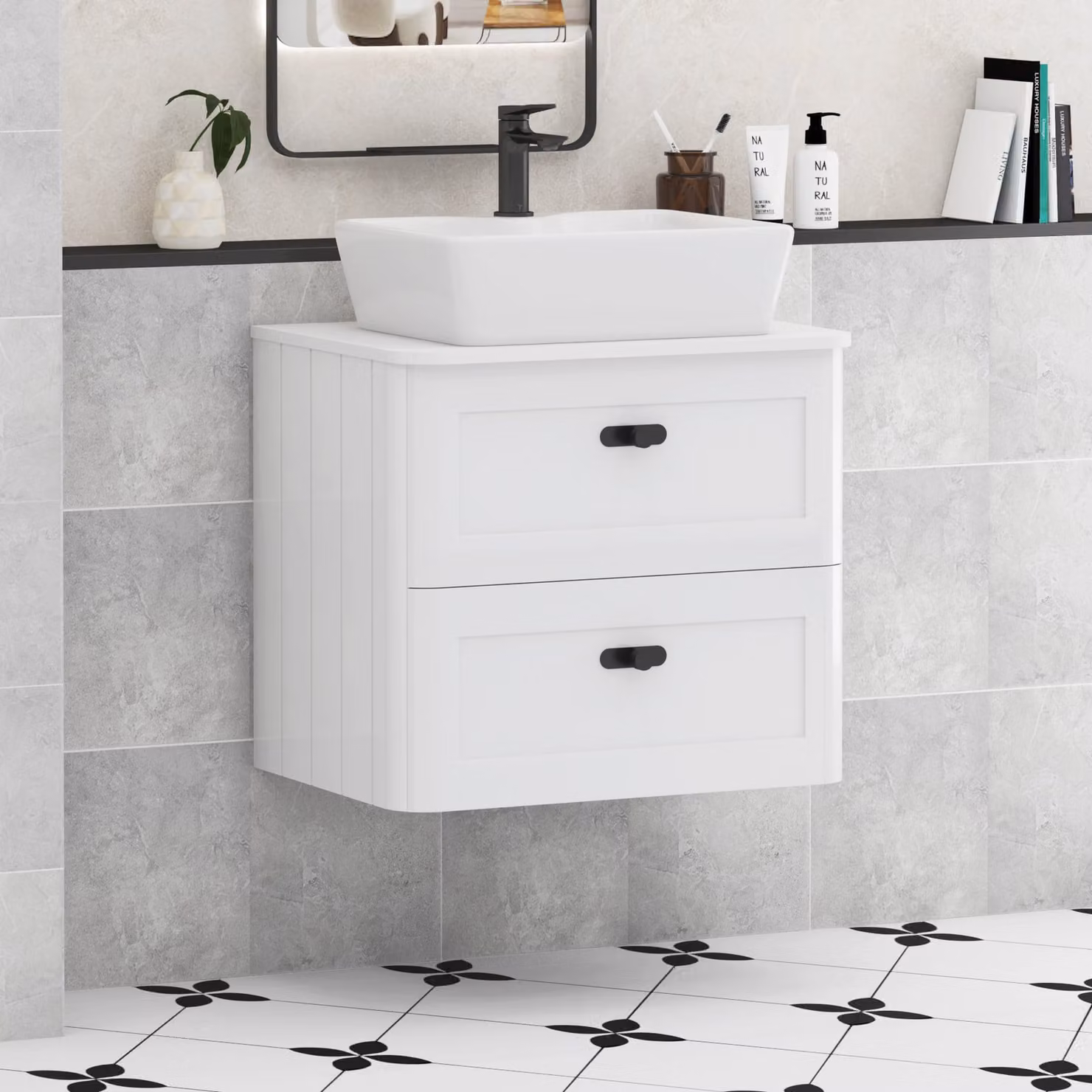 Royal Bathrooms Henley 600mm Gloss White Wall Hung 2 Drawer Vanity Unit with Plain White Worktop and Matt Black Knob