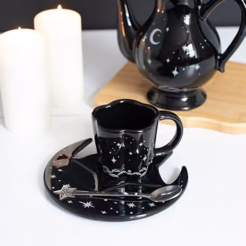 Kingsbury Gifts Spellbound Sky Espresso Cup, Saucer and Spoon Set in Black, White and Silver – 2