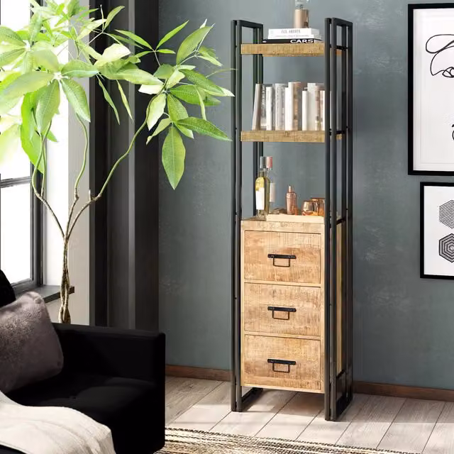 IH Design Mintis Narrow Industrial Bookcase with 3 Drawers in Light Wood and Brown