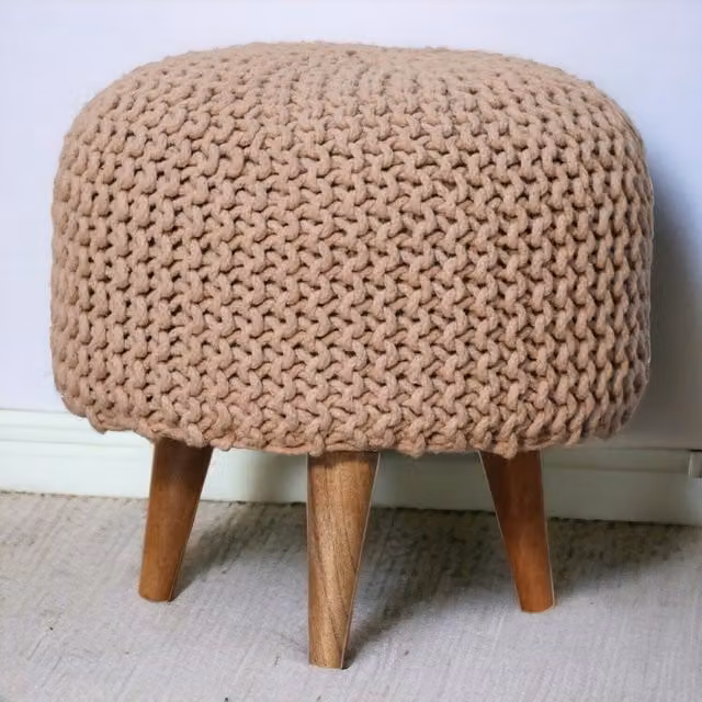 Artisan Furniture Keeva Modern Cylindrical Round Footstool in Beige and Brown with Wood Frame and Knit Fabric