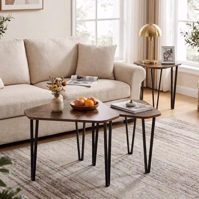 KORVIXA Set of 3 Industrial Nesting Hexagonal Coffee Tables in Brown