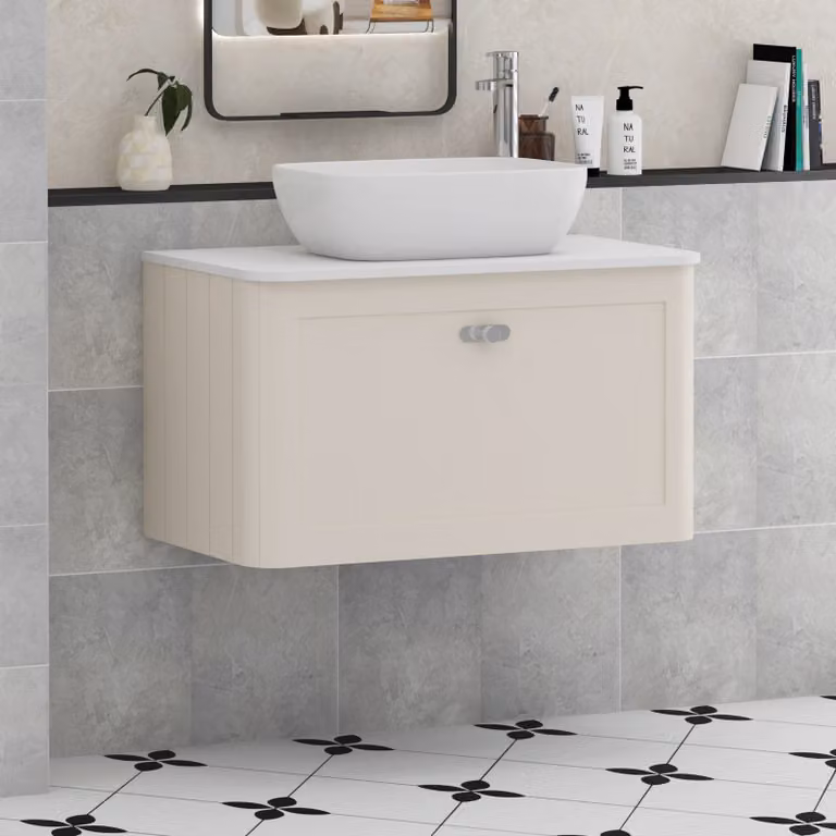 Royal Bathrooms Henley 800mm Wall Hung Vanity Unit in Mushroom Cashmere with Plain White Worktop, Elva Basin and Chrome Knob