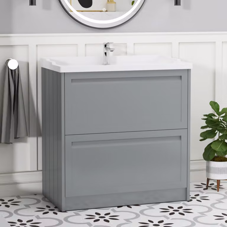 Royal Bathrooms Elmore 800mm Traditional Floor Standing 2 Drawer Vanity Unit in Matt Pebble Grey with Ceramic Basin