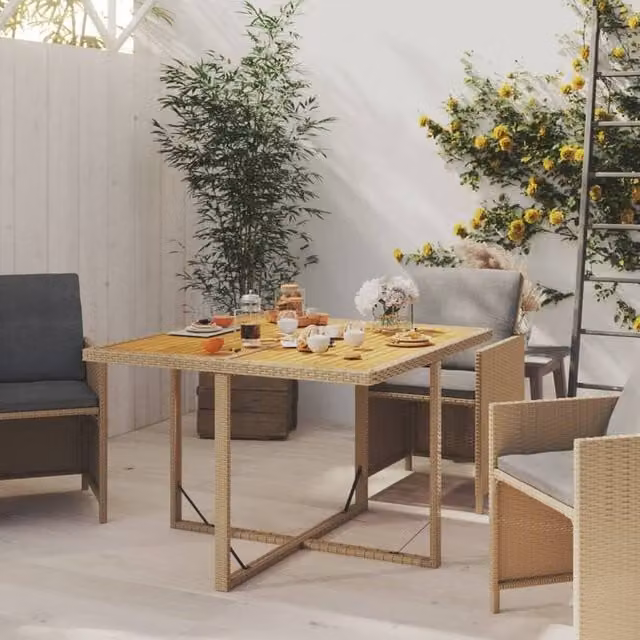 Berkfield Home Beige Poly Rattan and Acacia Wood Square Garden Table W/D/H: 109 x 107 x 74 cm – 1