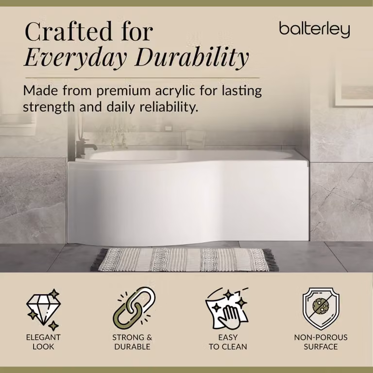 Balterley P Shape Left Hand Asymmetric Acrylic Bath with Apron and Black Curved Screen, White