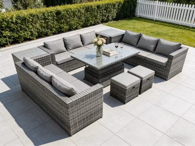 Fimous U-Shaped Rattan Garden Dining Sofa Set with Adjustable Rising Table and 2 Side Tables, Dark Grey Mixed