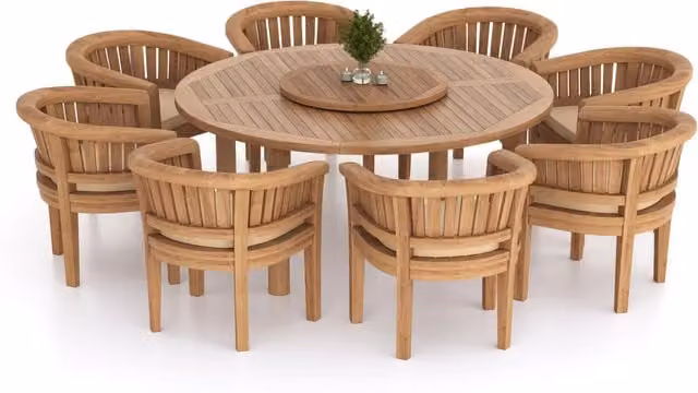 Eterna Teak Garden Dining Table and 8 Chair Set with Black Cushions, W: 180 cm, D: 180 cm, H: 90 cm