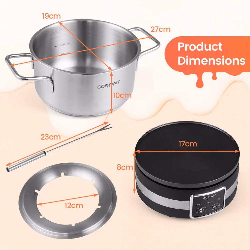 Costway 1200W Electric Fondue Pot Set with Adjustable Thermostat and Stainless Steel Pot in Silver – 6