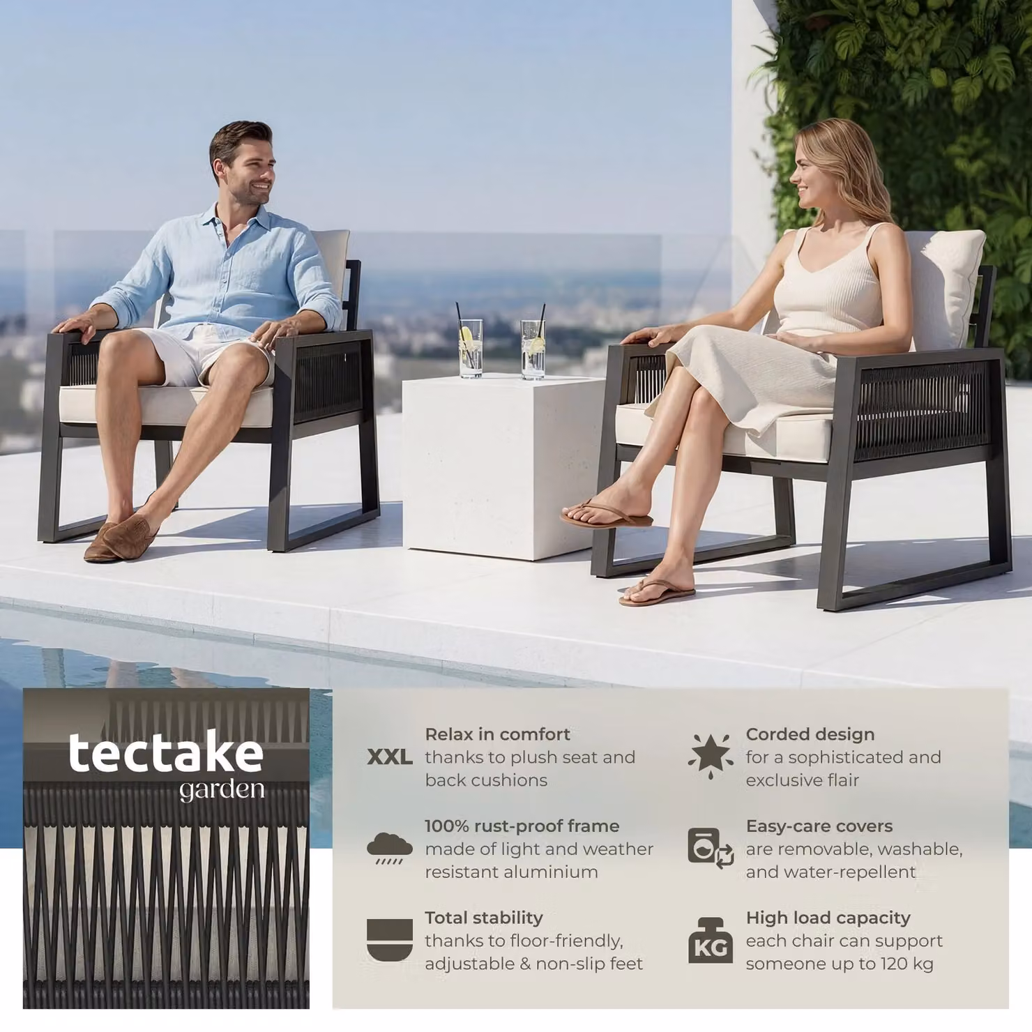 tectake Captive 2-Seater Garden Lounge Set with Powder Coated Aluminium Frame and Rope Design in Anthracite Grey – 2