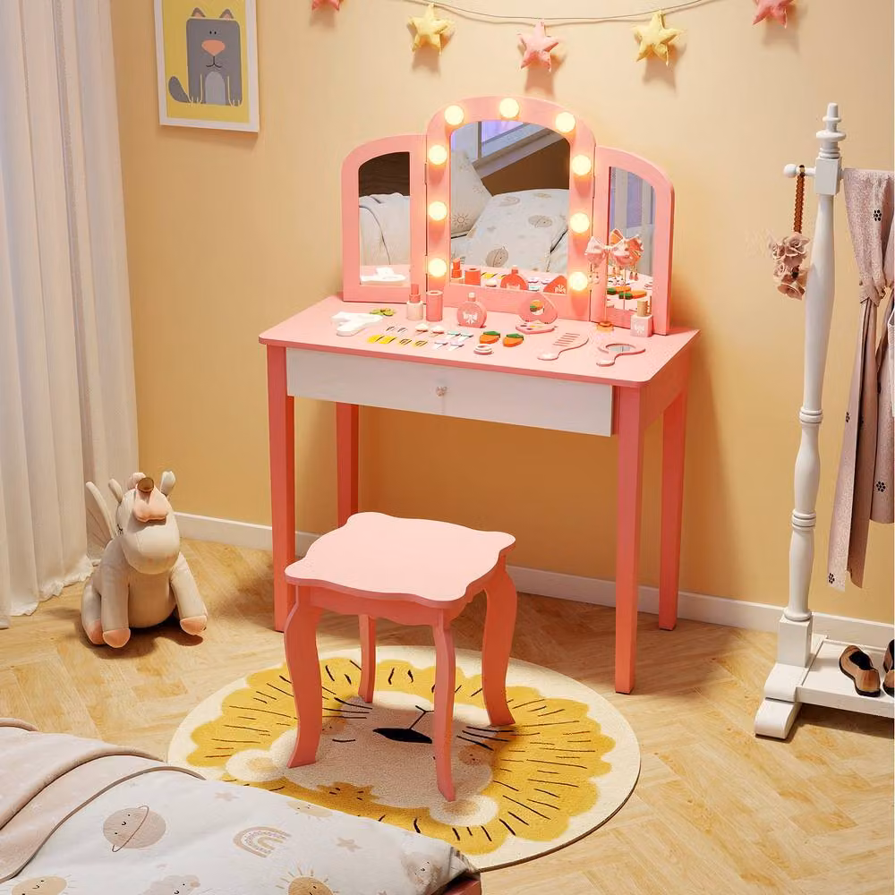 Costway 2-in-1 Toddler Vanity Table and Stool Set in Pink – 2