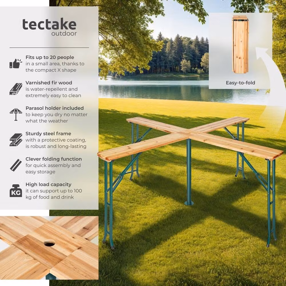 tectake Folding Table Quattro with Parasol Holder in Brown, W/D/H: 241 x 241 x 103 cm – 2