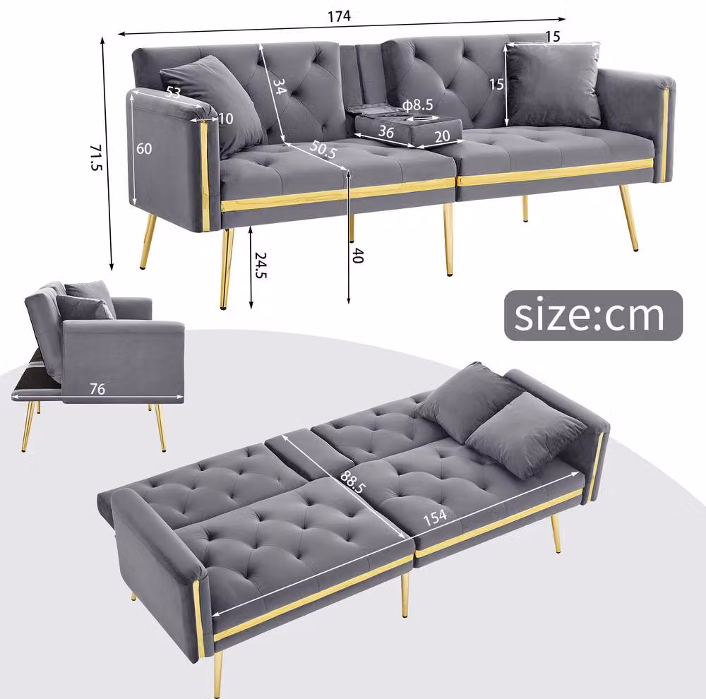 STILVORA 2-Seater Grey Velvet Sofa Bed with Adjustable Headrest and Cup Holders – 2