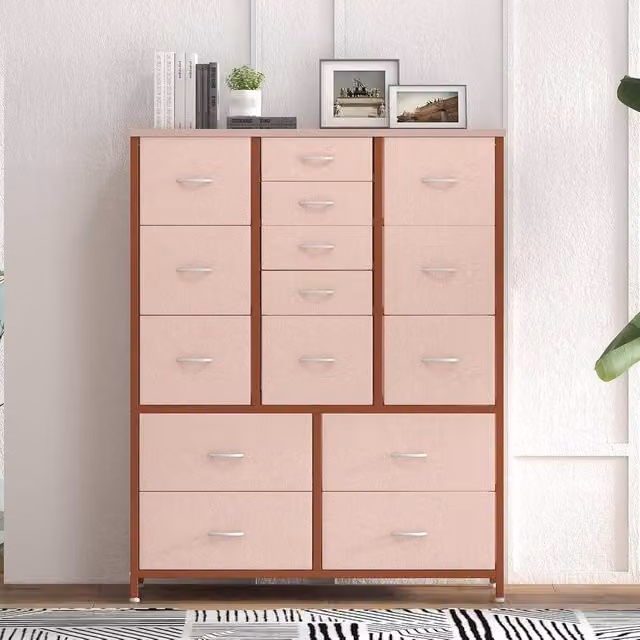 London Boutique 15 Drawer Fabric Dresser Chest of Drawers in Pink