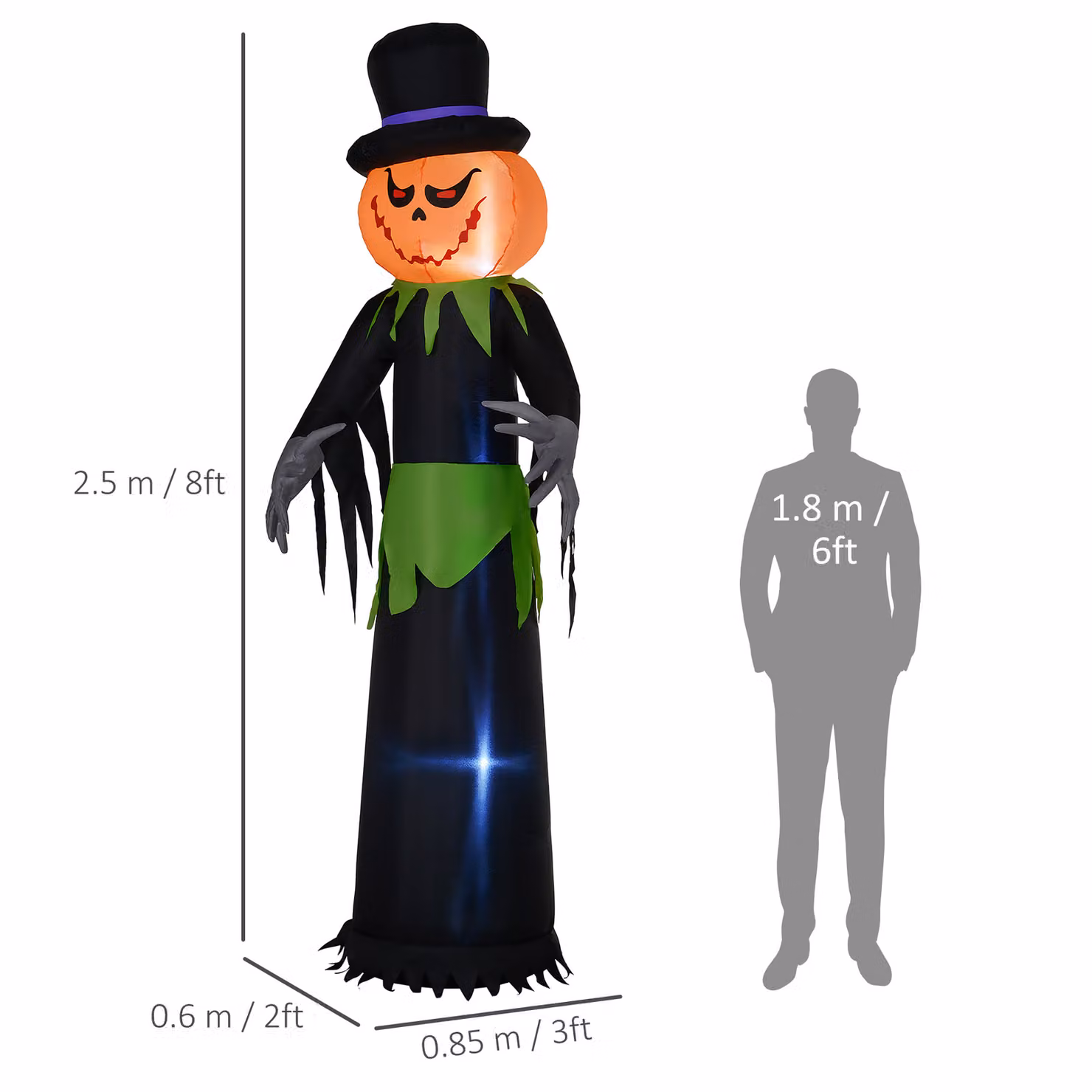 Outsunny 8ft Tall Inflatable Pumpkin Ghost with Hat and LED Lights for Outdoor Halloween Decoration – 3