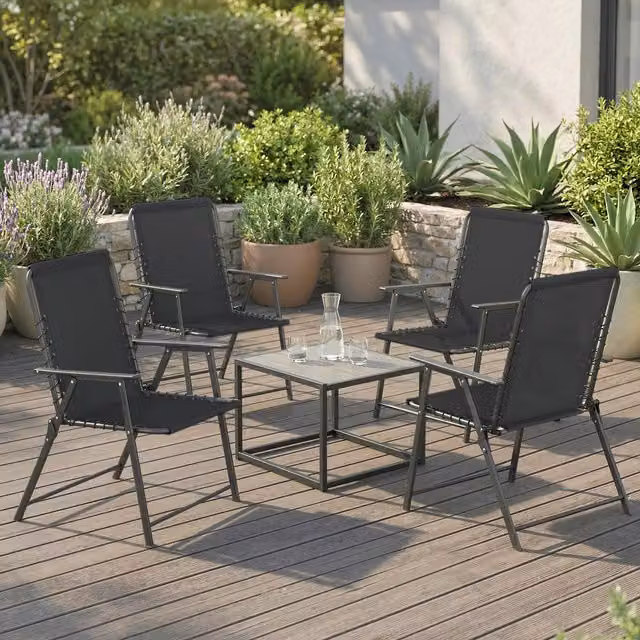 Outsunny Set of 4 Modern Folding Garden Chairs in Matt Black Metal